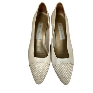 Vtg. Evan Picone Beige Nappa Leather Pumps, Sz 10 M, Woven Toe Block Heel. Spain